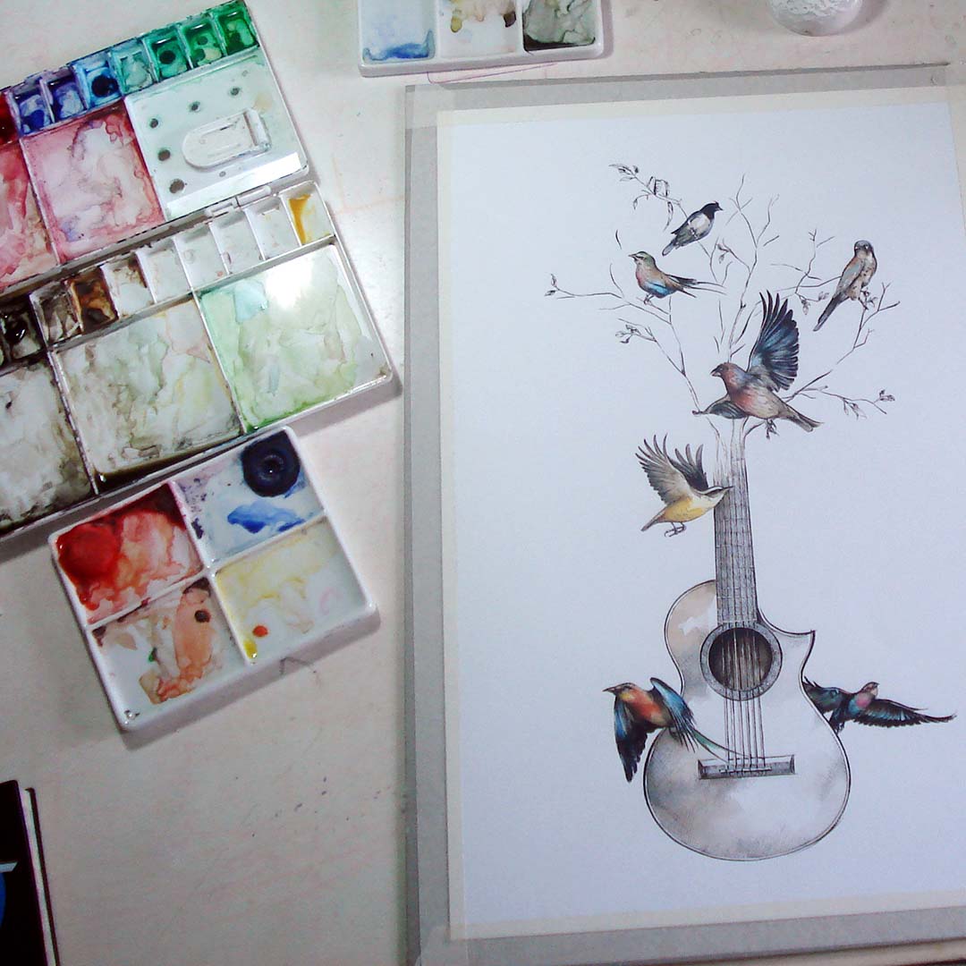 PÁSSAROS VIOLÃO-Sabedoria-Aquarela-desenho-ilustração-estampa_@JonatasMilagresCampos.Art_6HM